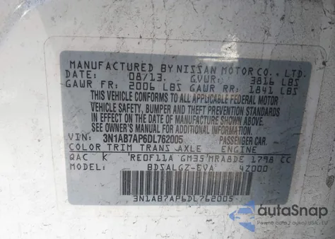 2013 Nissan Sentra Sl from USA, damaged, VIN 3N1AB7AP6DL762005